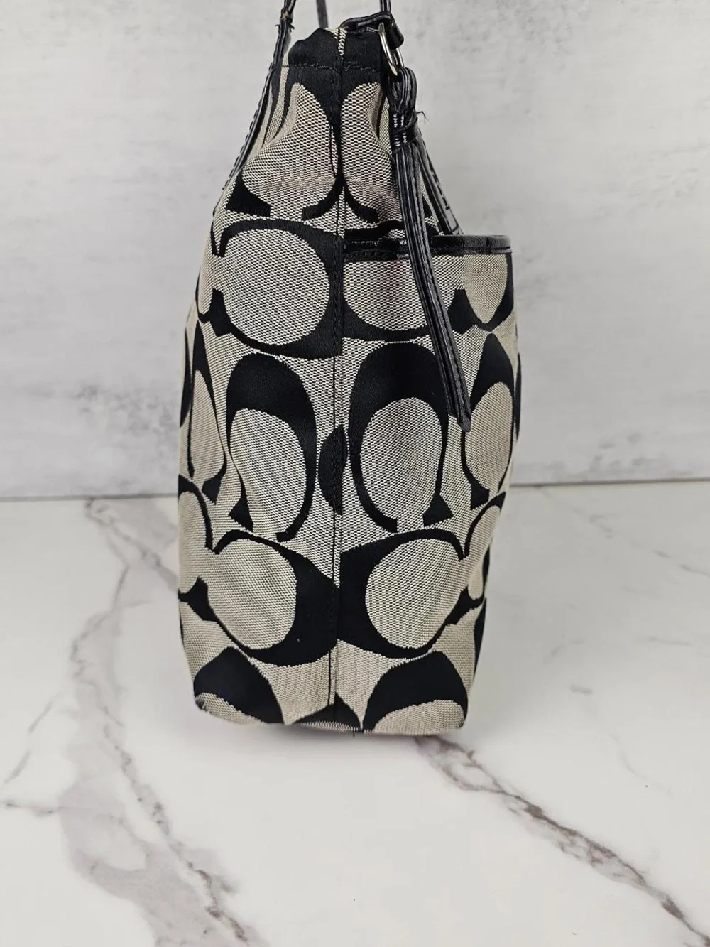 Coach Signature Tote in Black, Tan and Navy with Purple Stripe